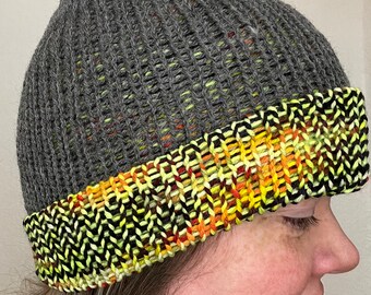 Neon Yellow/Orange/Black/Gray Reversible Knitted Beanie Hat