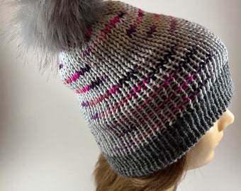 Gray/Pink Superwash Merino Wool & Polyester Beanie Hat with Pom Pom