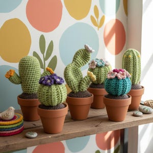 May include: A collection of six handmade crochet cacti in terracotta pots. The cacti are various shades of green, with some featuring colorful flower accents in pink, blue, and yellow. They sit on a wooden shelf against a patterned wallpaper.