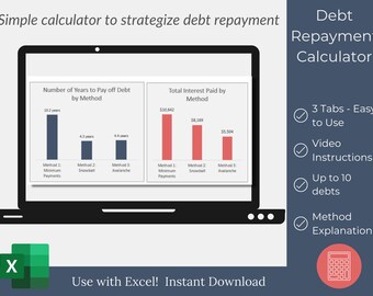 May include: A screenshot of a computer screen showing a spreadsheet with a debt repayment calculator. The calculator has three tabs: Minimum Payments, Snowball, and Avalanche. The spreadsheet shows the number of years to pay off debt and the total interest paid by method. The text "Use with Excel! Instant Download" is at the bottom of the screen.