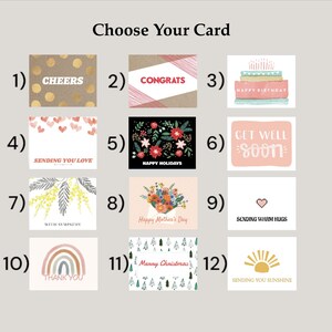 May include: Twelve different greeting card designs with various themes, including birthday, congratulations, get well soon, happy holidays, and more. Each card features a unique illustration and text.