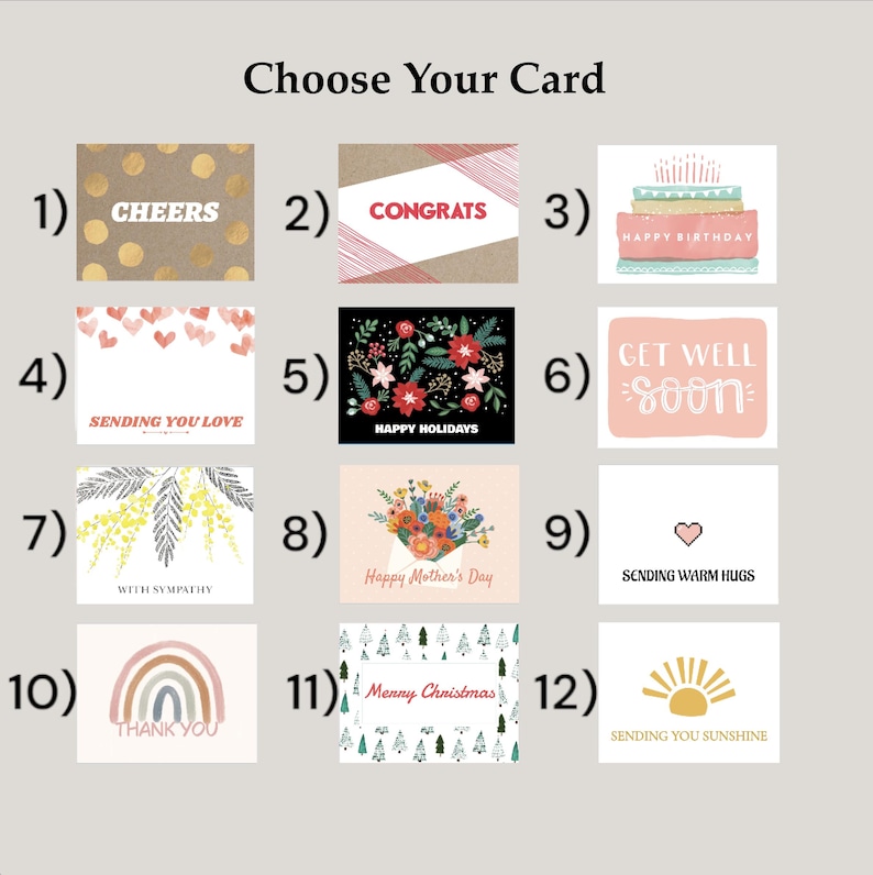 May include: Twelve different greeting card designs with various themes, including birthday, congratulations, get well soon, happy holidays, and more. Each card features a unique illustration and text.