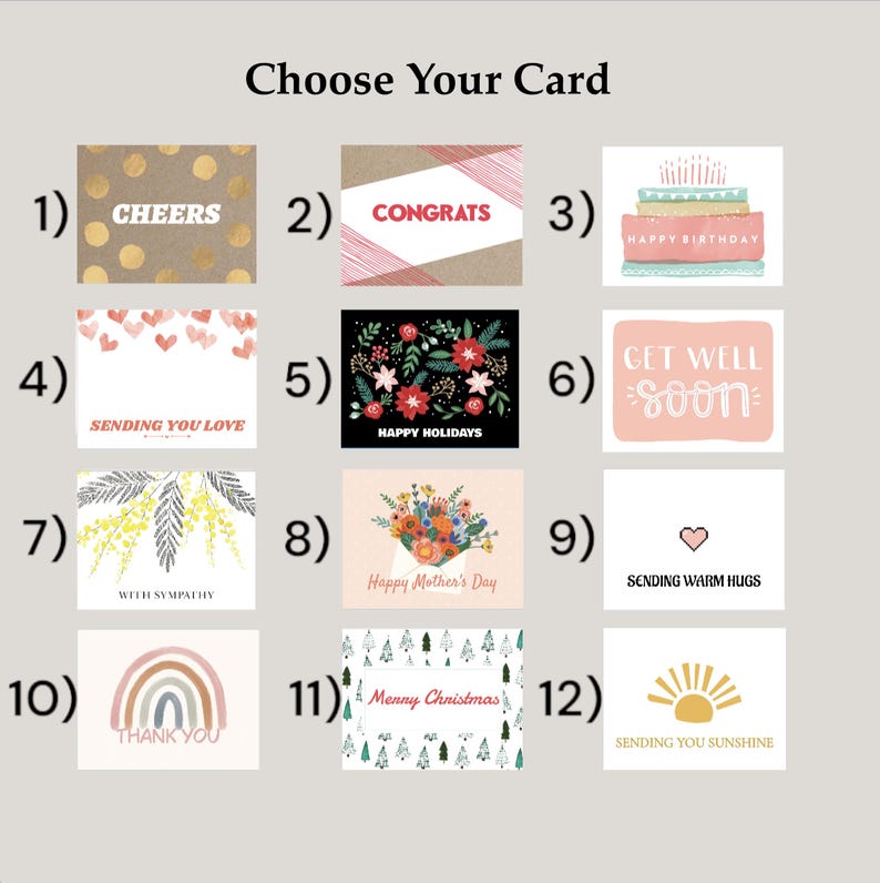 May include: Twelve different greeting card designs with various themes, including birthday, congratulations, get well soon, happy holidays, and more. Each card features a unique illustration and text.