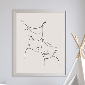 Madre con due bambini linea stampabile arte, madre bambino e bambino bambino decorazione della parete, amore di pari livello, Nursery Decor, madre confortante bambino