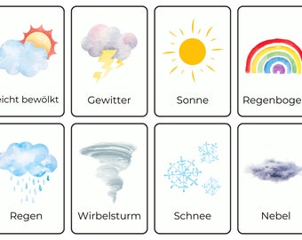 Montessori-flitskaarten voor kinderen | Weerthema | Digitaal downloaden