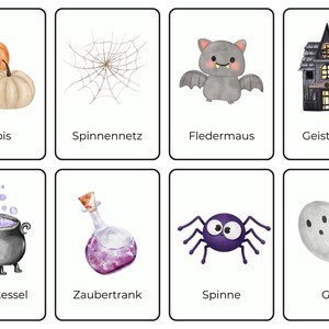 Könnte beinhalten: Ein Set von Halloween-Lernkarten mit Aquarellillustrationen. Karten zeigen einen Kürbis, ein Spinnennetz, eine Fledermaus, ein Geisterhaus, einen Kessel, einen Zaubertrank, eine Spinne und einen Geist. Jede Karte hat ein deutsches Wort.