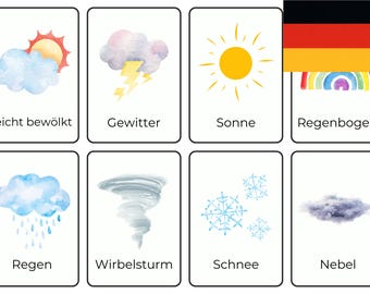 Weather in German and Dutch | Montessori flashcards for children | Digital download