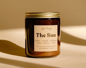 The Sun Tarot Candle - Citrus, Tobacco, Cedar Candle - Spiritual Candle, Alter Candle, Ritual Candle, Shy Wolf Candle, Warm Candle