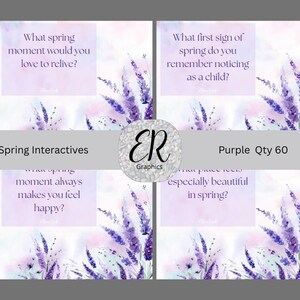 May include: Four cards with spring-themed questions, lavender watercolour accents, and the text "Spring Interactives." The cards feature questions such as "What spring moment would you love to relive?" and "What first sign of spring do you remember noticing as a child?"