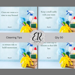 May include: A set of four cleaning tips cards with a light blue background. Each card features a cleaning tip, cleaning supplies, and the text "ER Graphics". The cards include cleaning supplies such as spray bottles, sponges, and yellow gloves.