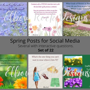 May include: A collection of social media posts with spring-themed questions and images. The set includes images of flowers, a woman in a blue dress, and text prompts. The posts are designed for interactive engagement.