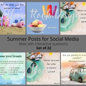 Puede incluir: Un conjunto de publicaciones de redes sociales con temática de verano con preguntas interactivas. Las imágenes presentan helados, escenas de playa y accesorios. El texto incluye frases como "¡Cuéntame sobre tus mejores vacaciones de verano!"