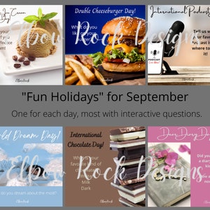 May include: A set of social media posts for September holidays. The posts show images of coffee ice cream, a cheeseburger, a podcast microphone, a person dreaming, chocolate, and a diary. Each post includes a question.
