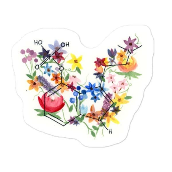 Psilocybin chemical structure kiss cut sticker, Multicolor and Psychedelic Watercolor Floral Design