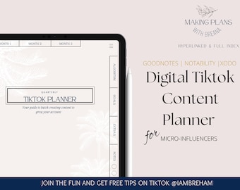May include: A digital planner for TikTok content creation, designed for Goodnotes, Notability, and Xodo. The planner features a light pink background with a white palm tree design and the text "Quarterly TikTok Planner" in a black box. The planner includes sections for algorithm, goals, extras, and notes.