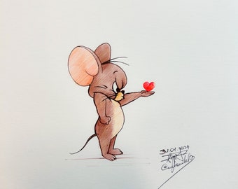 Souris mignonne Dessin original - Illustration stylo à bille - dessin drôle - Cadeau St Valentin