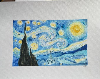 Notte stellata - disegno a pennarello - Ispirazione Van Gogh - arte classica - Illustrazione ORIGINALE - schizzo fatto a mano - pittura colorata - poster