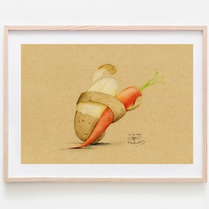 Disegno a matita - STAMPA - patata e carota danzanti - arte stampata - stampe su richiesta - illustrazione di frutta - schizzo divertente - idea regalo divertente