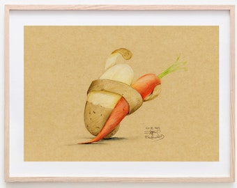 Potloodtekening - PRINT - dansende aardappel en wortel - gedrukte kunst - prints op aanvraag - fruitillustratie - grappige schets - leuk cadeau-idee