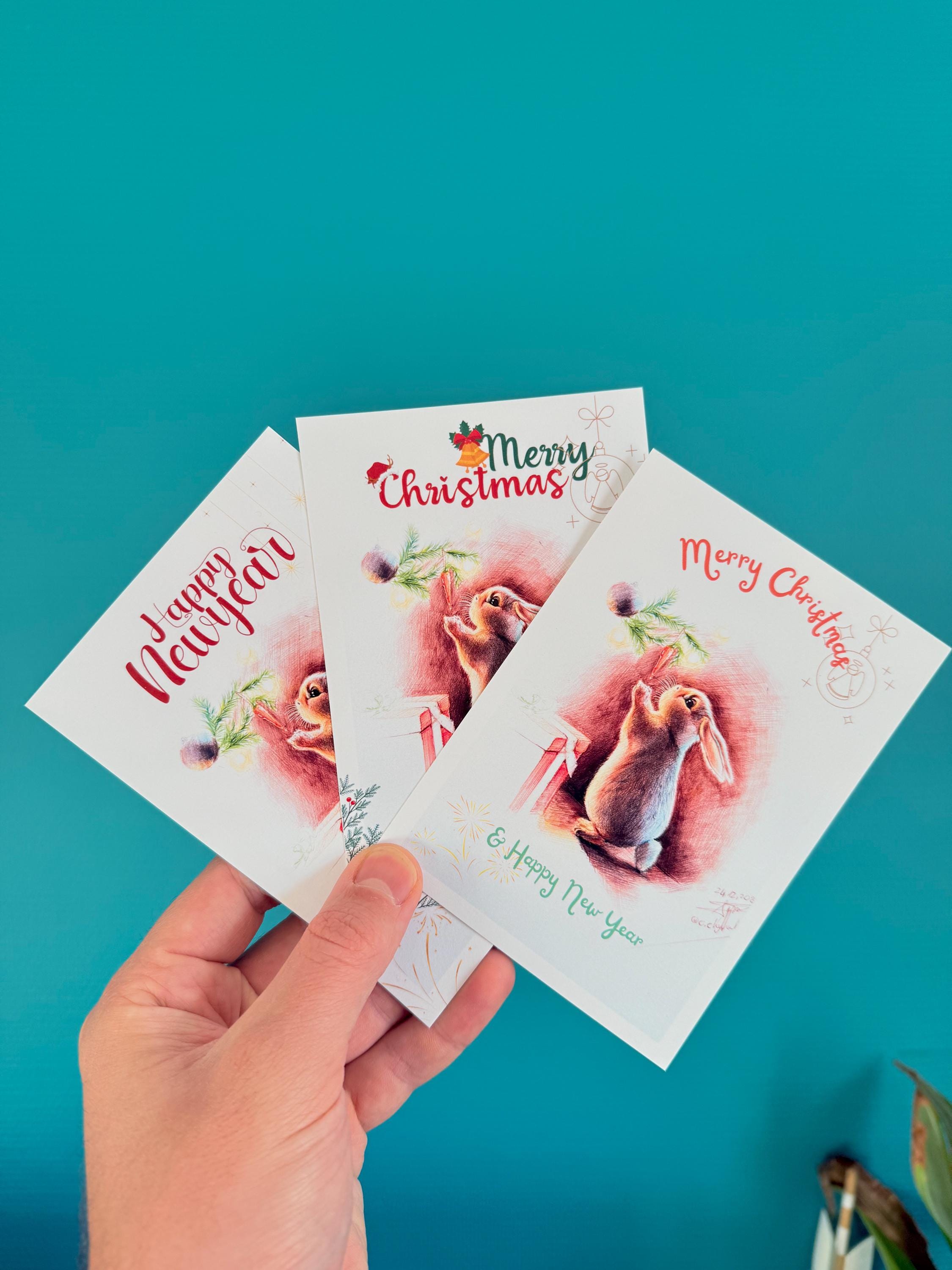 Set of Cute Christmas and New Year Cards – Illustrated Bunny & Mouse Designs – Festive Holiday Greeting Cards