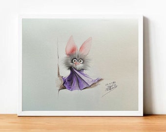 Pencil drawing - chauve souris mignon - oeuvres d&#39;art - impressions à la demande - illustration amusante - idée cadeau amusante