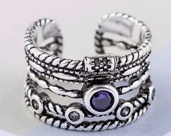 Toe Ring Silver Plated. Amethyst and Zircon gemstones Multi level