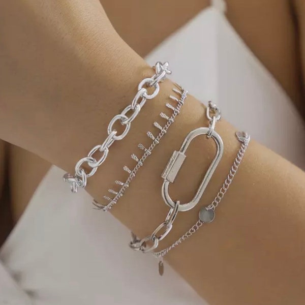 Funky Silver Bracelet set (4)Bracelets Steam Punk Boho chic Trendy Fashion jewelry.