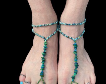Custom Crystal and Glass Beaded Barefoot Sandals, Bridal Barefoot Sandals Ocean Beachy Colors