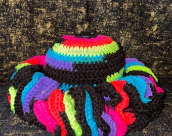 Black Crocheted Beanie with Pastel Multicolor Ruffle Crochet Ruffle Hat Rainbow (dramatic) - Etsy main image 4