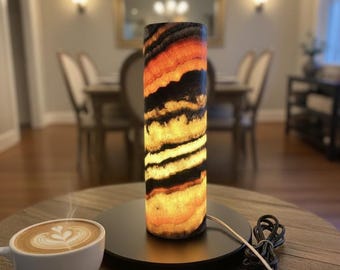 Multi Color Onyx Cylinder Lamp: Handcrafted Mexican Stone, 13" Tall Desk Night Light