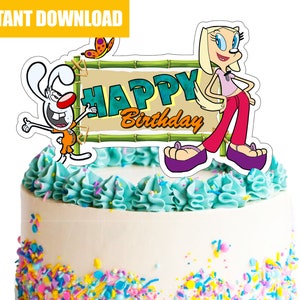 May include: A cake topper featuring a cartoon rabbit and a dog with a sign that says "Happy Birthday". The topper is on top of a white cake with blue frosting and colorful sprinkles.