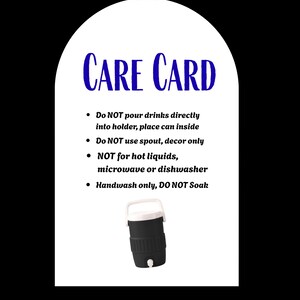 May include: A white card with the words "CARE CARD" in blue script. The card provides instructions for a black and white beverage holder, including handwashing instructions and warnings against hot liquids.