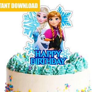 以下が含まれることがあります： 映画アナと雪の女王のキャラクター、エルサとアナが描かれたケーキトッパー。トッパーには青と白の雪の結晶のデザインと「ハッピーバースデー」の文字が書かれています。