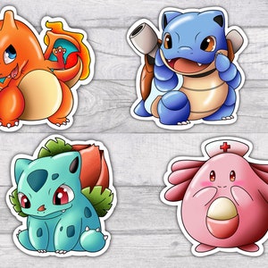 Pokemon Chibi Premium Set di adesivi in vinile resistente all'acqua / Finitura lucida / 3 pollici / Charizard / Blastoise / Ivysaur / Chansey