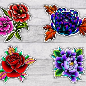 Ensemble d'autocollants en vinyle résistant à l'eau Floral Premium | Finition brillante | 3,5 pouces | Oeillets | rose | Pivoine | Chrysanthème
