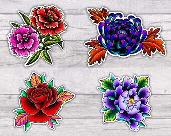 Floral Premium Water-resistant Vinyl Sticker Set | Glossy Finish | 3.5 Inch | Carnations | Rose | Peony | Chrysanthemum