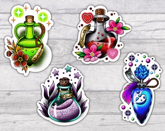 Magic Potions | Premium Water-resistant Vinyl Sticker Set | Glossy Finish | 3 Inch | Custom | Health | Stamina | Elixir