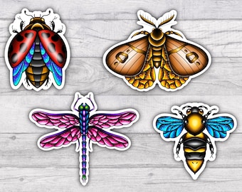 Bug Premium Water-resistant Vinyl Sticker Set | Glossy Finish | 3 Inch | Bumble Bee | Dragonfly | Ladybug | Moth | Insect