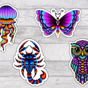 Neotraditional Premium Resistant Vinyl Sticker Set | Finition brillante | 3 pouces | Hibou | Scorpion | Papillon | Méduse