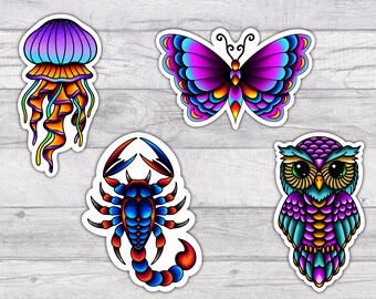 Neotraditional Premium Water-resistant Vinyl Sticker Set | Glossy Finish | 3 Inch | Owl | Scorpion | Butterfly | Jellyfish