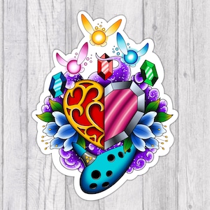 Zelda Heart Container Mashup | Ensemble d'autocollants en vinyle imperméable de qualité supérieure | Brillant | 3,5 pouces | 4,5 pouces | Navigation | Roupie | Ocarina