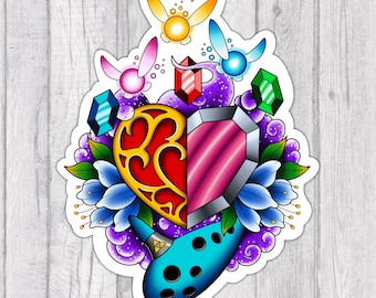 Zelda Heart Container Mashup | Premium Water-proof Vinyl Sticker Set | Glossy | 3.5 Inch | 4.5 Inch | Navi | Rupee | Ocarina