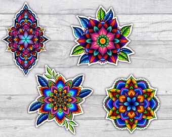 Mandala Premium Water-resistant Vinyl Sticker Set | Glossy  Finish | 3.5 Inch | Laminate Coating | Floral Pattern | Vibrant