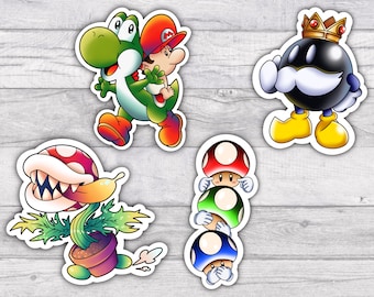 Mario Premium Water-resistant Vinyl Sticker Set | Glossy | 3 Inch | Yoshi and Mario | Piranha Plant | Ba-Bomb King |  Mushroom