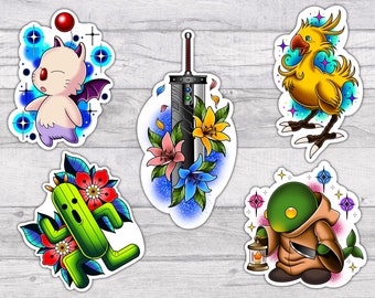 Final Fantasy Characters Premium Water-resistant Vinyl Sticker Set | Glossy | 3 Inch | Moogle | Chocobo | Tonberry | Buster Sword | Cactuar