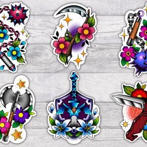 Fantasiewapens | Premium waterbestendige vinyl stickerset | Glanzend | 3,5 inch | Mace | Mes | Zelda | Bijl | zeis | Blad