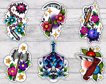 Fantasy Weapons | Premium Water-resistant Vinyl Sticker Set | Glossy | 3.5 Inch | Mace | Knife | Zelda | Axe | Scythe | Blade