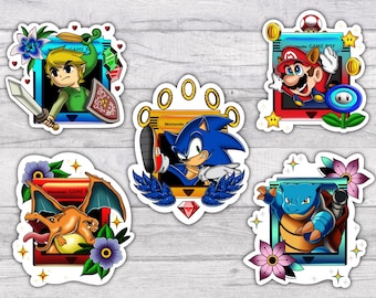 Gameboy Characters Premium Water-resistant Vinyl Sticker Set | Glossy | 3 Inch | Charizard | Blastoise | Link | Sonic | Mario