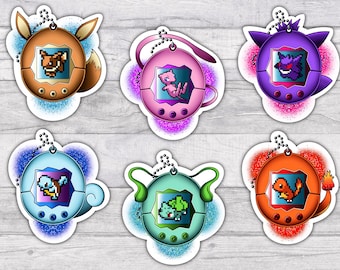 Pokémon 8-Bit Tamagotchi Water-proof Vinyl Sticker Set | Glossy Finish | 3 Inch | Eevee | Gengar | Mew | Charmander | Squirtle | Bulbasaur