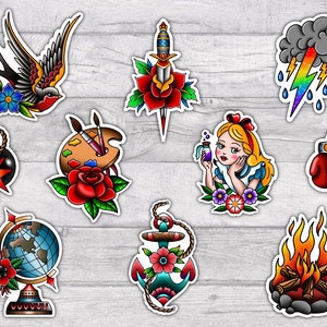 May include: A set of ten colorful traditional tattoo flash designs. The designs include a swallow, a dagger with a rose, a storm cloud with lightning, a paintbrush and palette with a rose, a girl with a potion bottle, boxing gloves, a globe, an anchor with a flower, and a campfire.